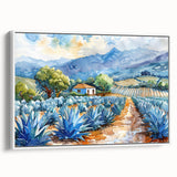 Vintage poster art of Oaxaca scenery on framed canvas, featuring vibrant colors against a black background.