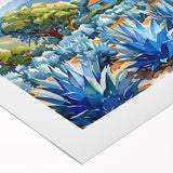 Art deco poster of Oaxaca scenery on rolled canvas, featuring earthy tones and geometric shapes.