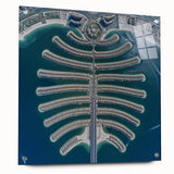 Acrylic print of Dubai skyline in muted earth tones, suitable for bedroom or dining room decor.