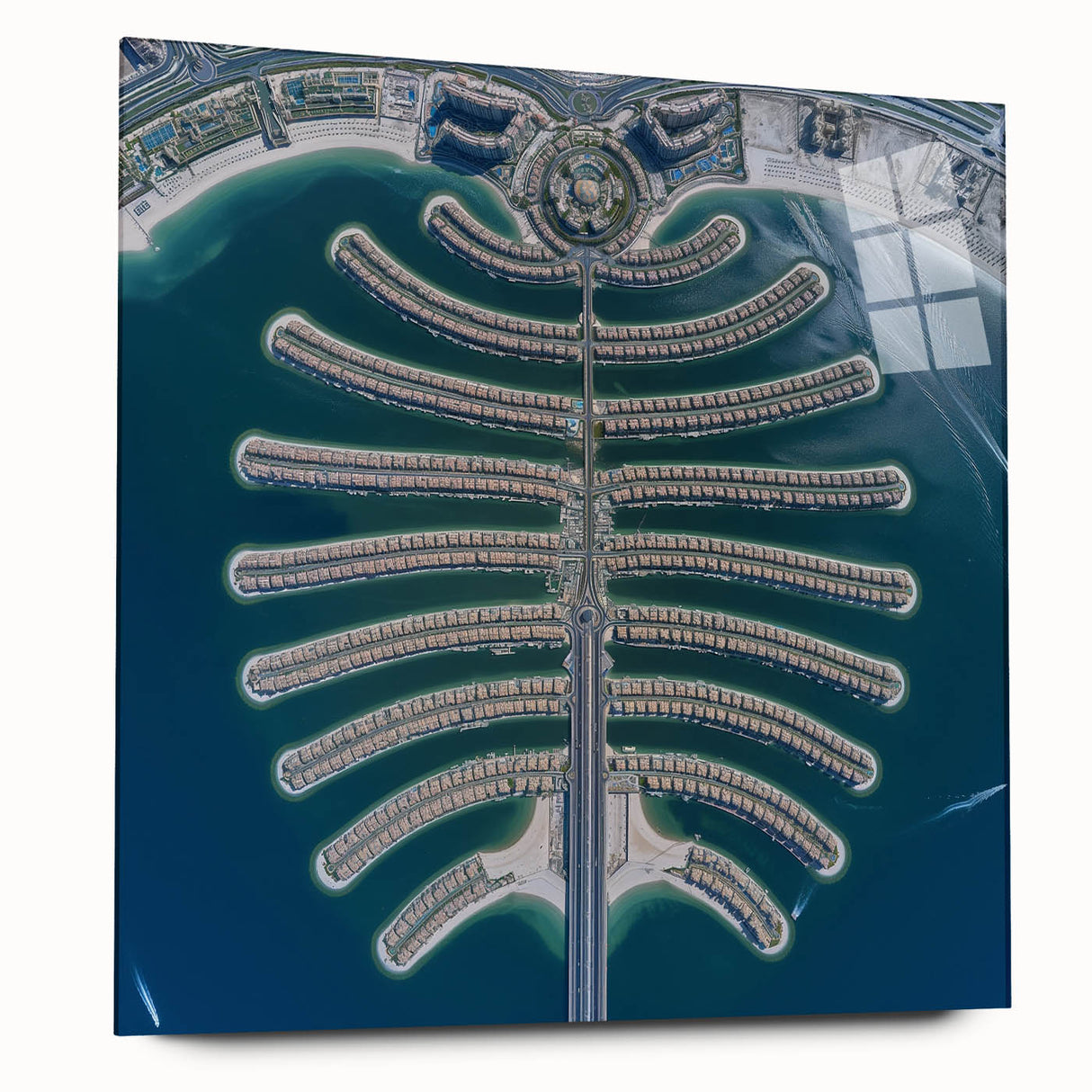 Acrylic print of Dubai skyline in muted grey and blue tones, suited for bedroom or dining room decor.