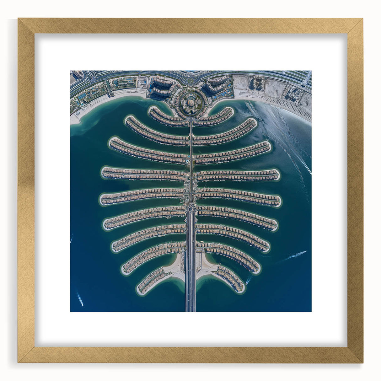 Extra large abstract art print of Dubai skyline in gold frame, ideal for living room decor.