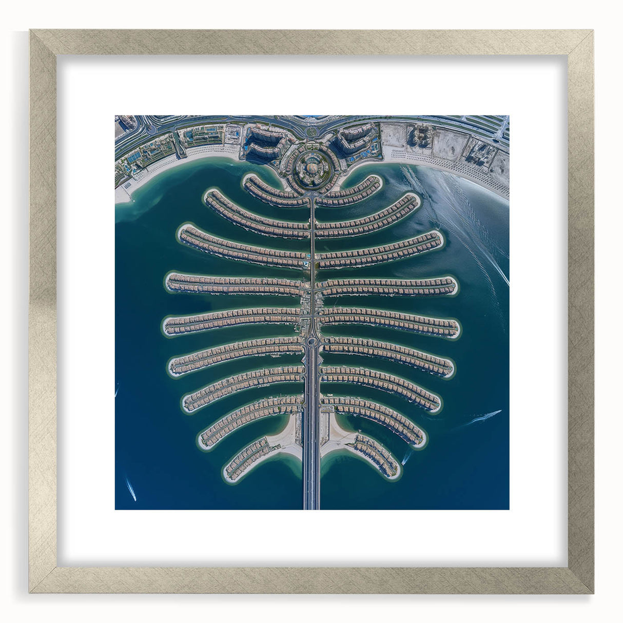 Textured abstract art print of Dubai skyline in muted silver and gray tones on a framed canvas, ideal for bedroom art.