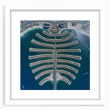 Abstract art print of Dubai skyline in muted gray and blue tones on a framed poster, suitable for dining room decor.