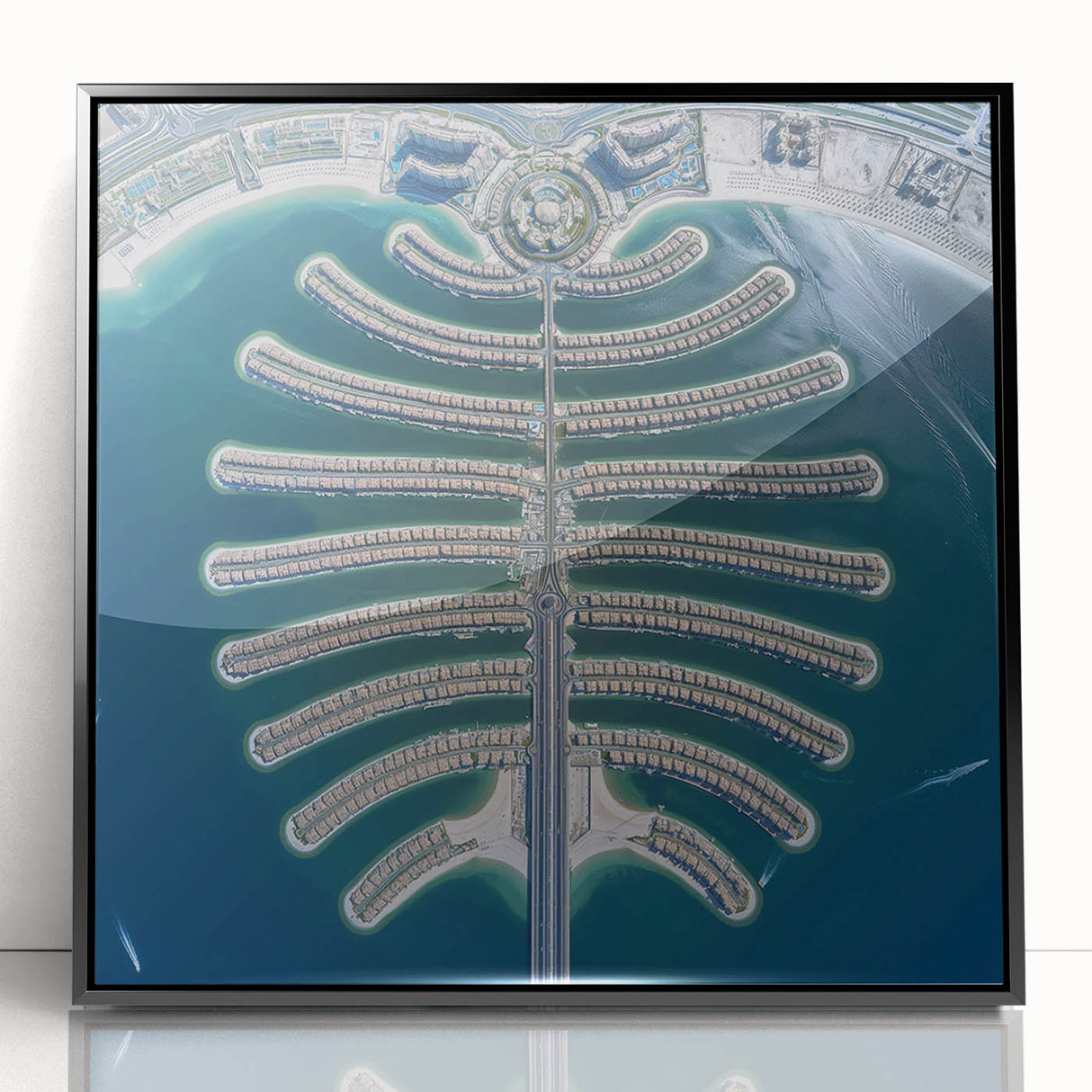 Large abstract wall art depicting the Dubai skyline in muted gray and blue tones, framed in black acrylic.