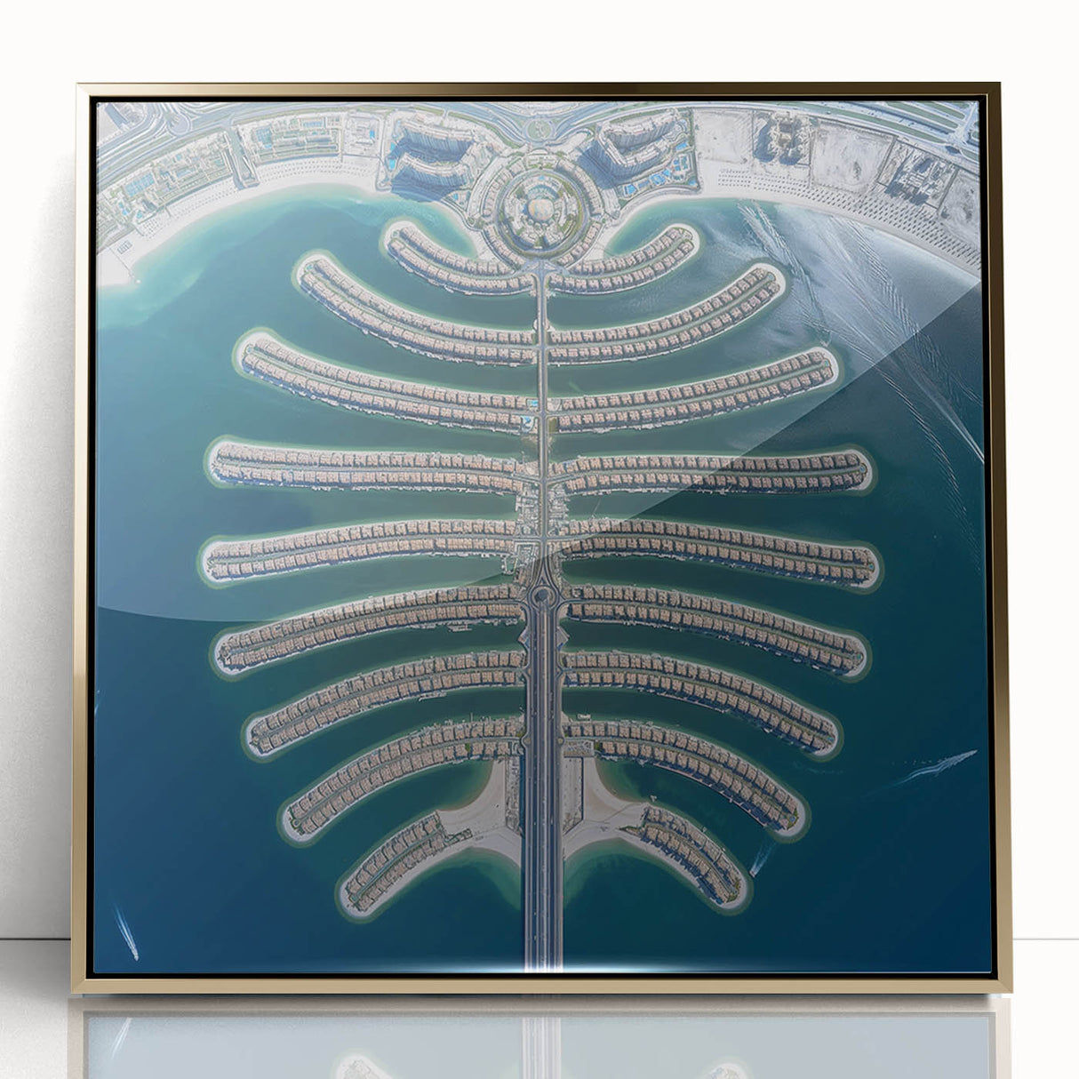 Mid-century modernist style acrylic print of Dubai skyline in gold tones, ideal for modern art wall decor.