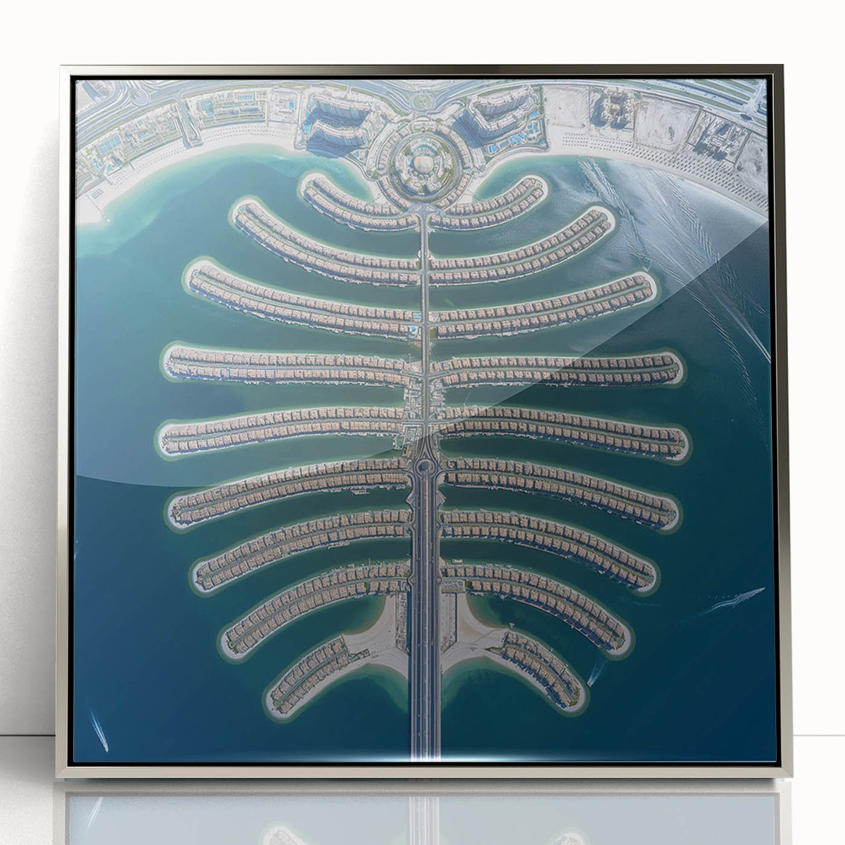 Mid-century modernist art of Dubai skyline in silver acrylic frame, featuring muted metallic tones.