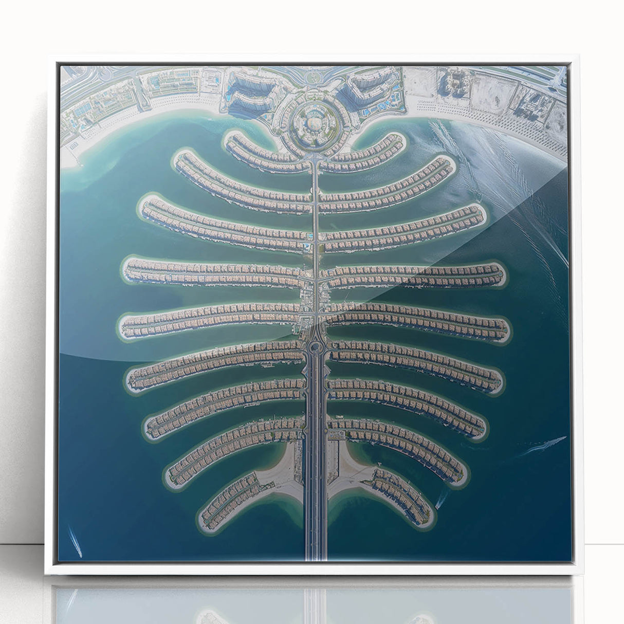 Acrylic print of Dubai skyline in art deco style with muted gold and blue tones, suitable for modern art wall decor.