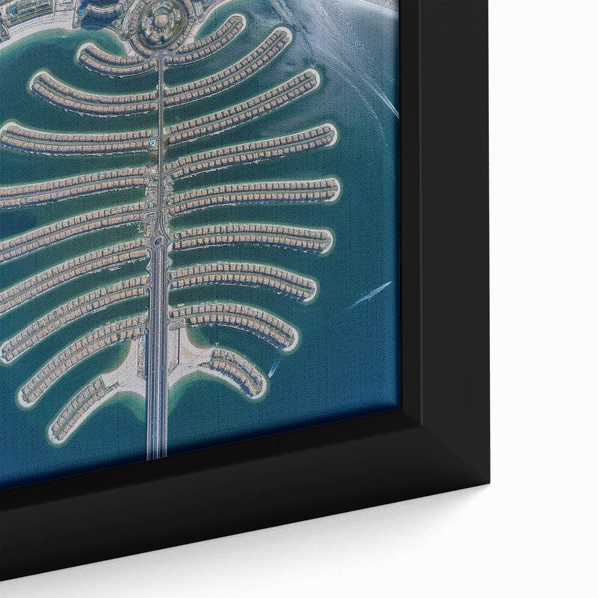 Extra large framed canvas of Dubai skyline in black with colorful, textured details, ideal for living room decor.