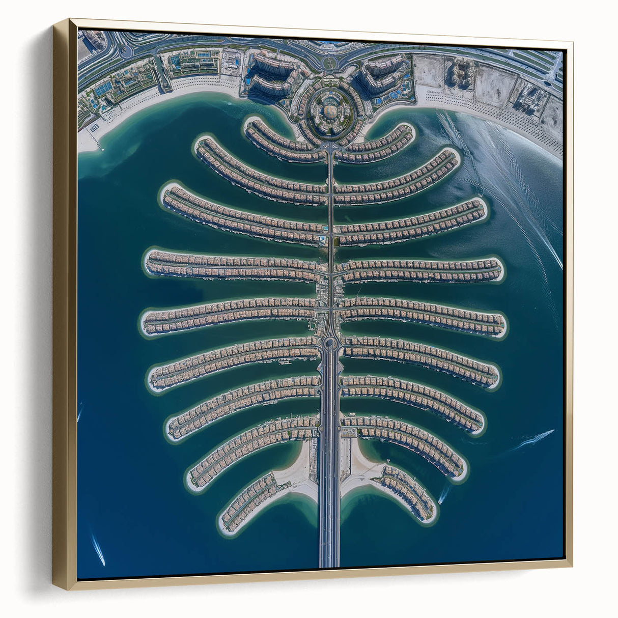Framed canvas depicting a vintage-style Dubai skyline in silver and gold tones, ideal for bedroom wall art.