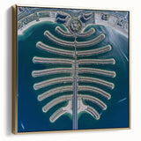 Framed canvas depicting a vintage-style Dubai skyline in silver and gold tones, ideal for bedroom wall art.
