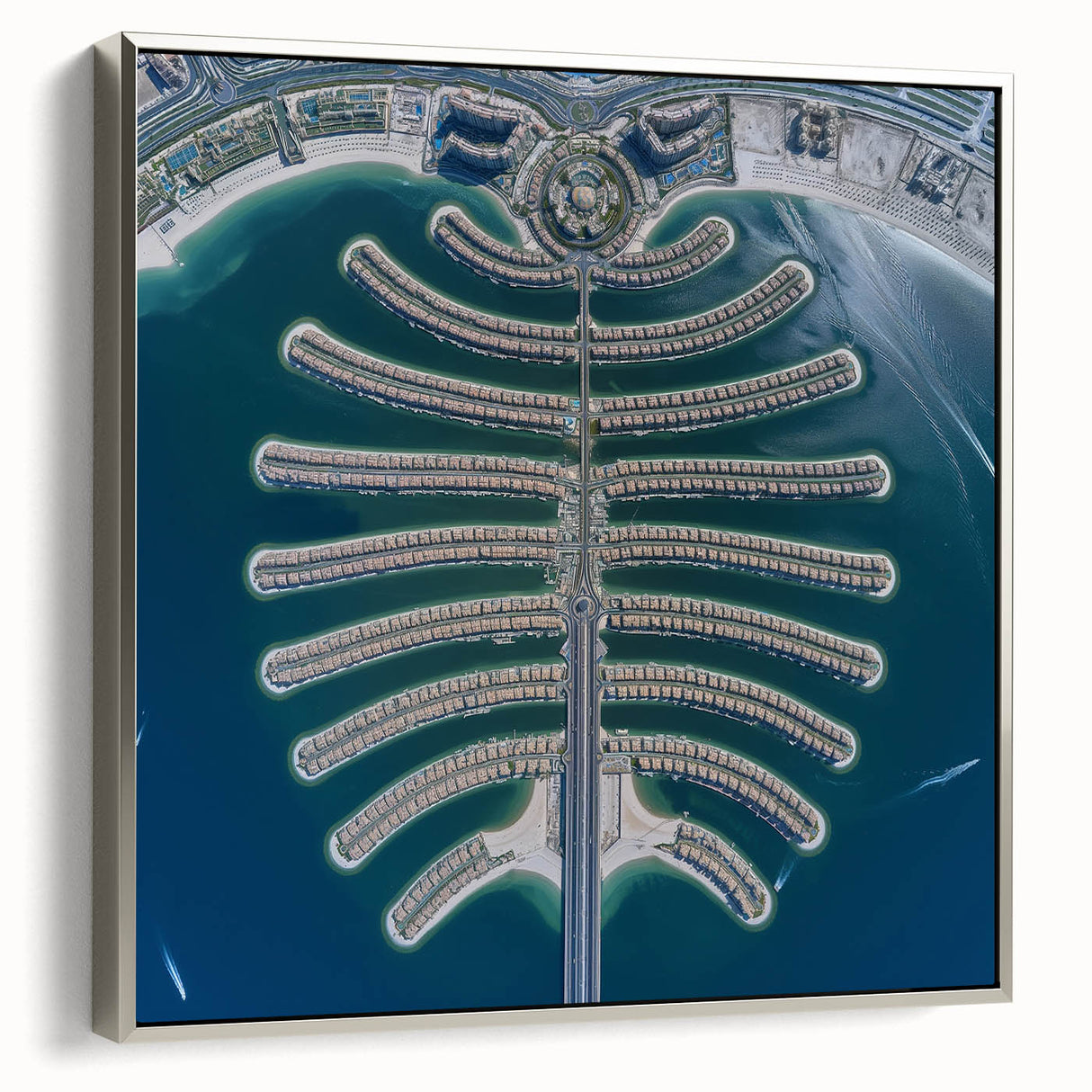Framed canvas of a colorful Dubai landscape painting with vintage poster elements, ideal for office decor.