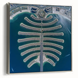 Framed canvas of a colorful Dubai landscape painting with vintage poster elements, ideal for office decor.