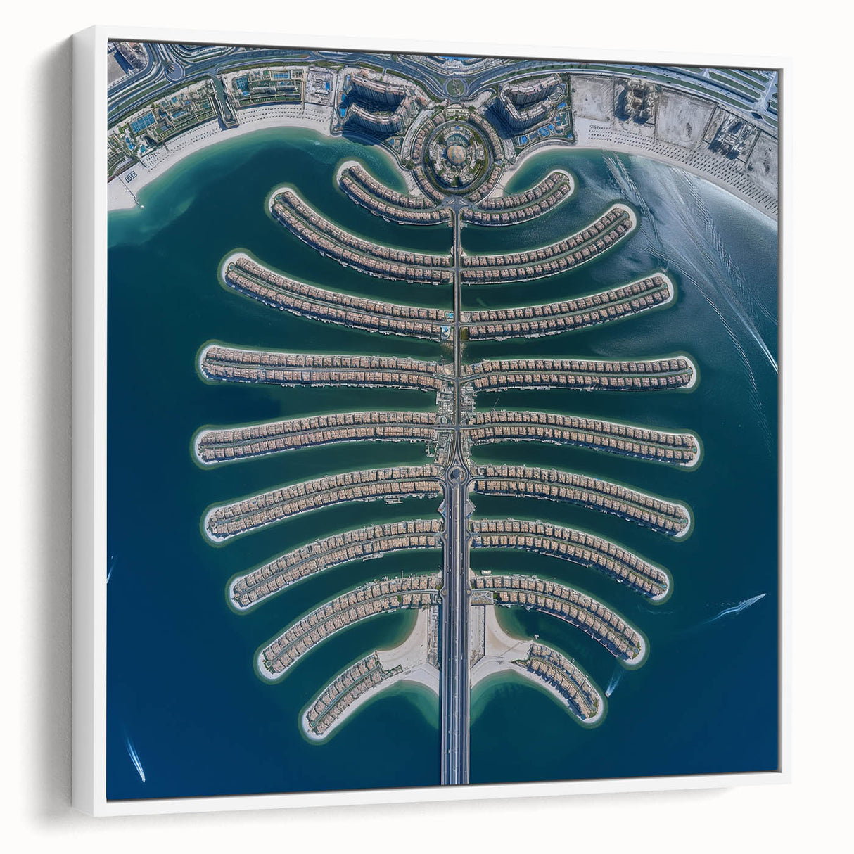 Vintage poster art of Dubai skyline in colorful hues on a large framed canvas, ideal for living room decor.