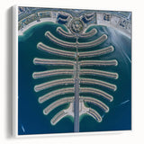 Vintage poster art of Dubai skyline in colorful hues on a large framed canvas, ideal for living room decor.