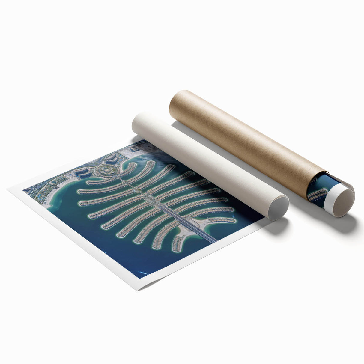 Extra large rolled print of Dubai skyline with muted earth tones, ideal for classy bathroom or large living room wall art.