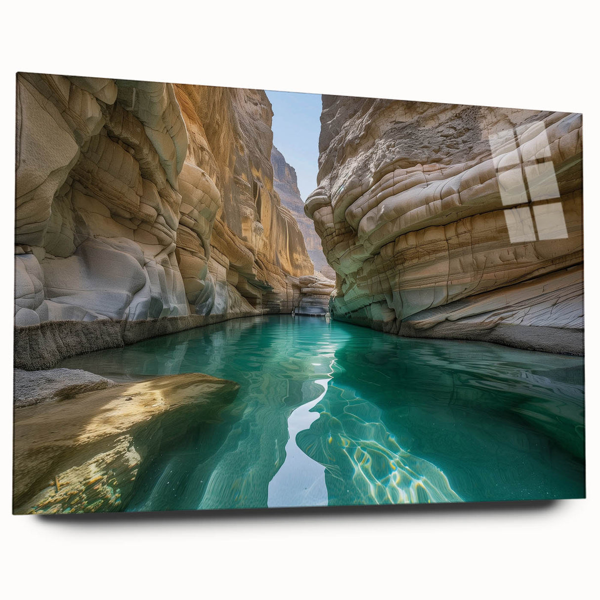 Large abstract wall art of a Middle Eastern landscape on acrylic glass, in muted earth tones.