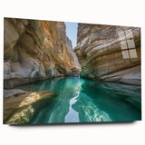 Large abstract wall art of a Middle Eastern landscape on acrylic glass, in muted earth tones.