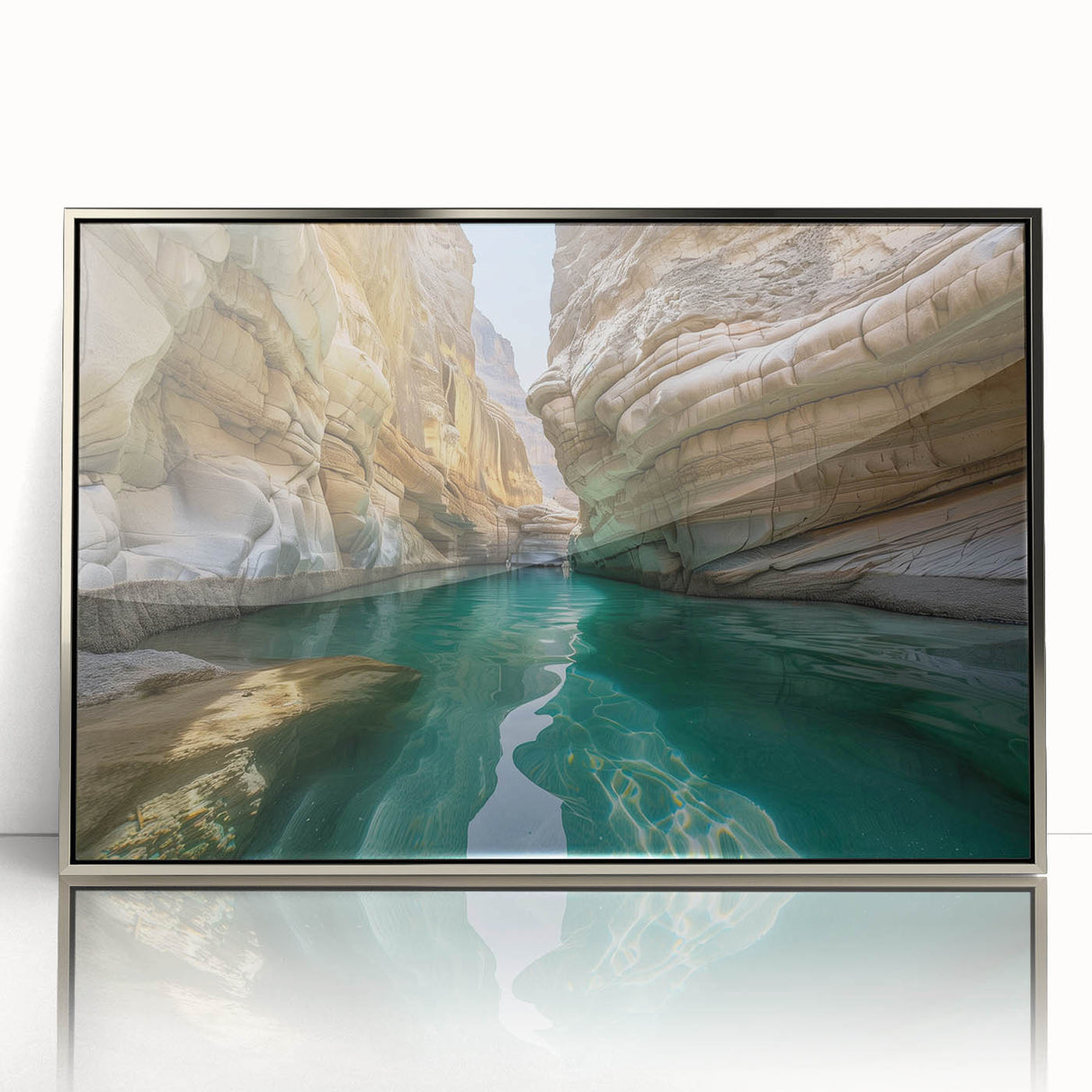 Mid-century modernist acrylic print of a Middle Eastern scenery in muted earth tones, ideal for modern art wall decor.