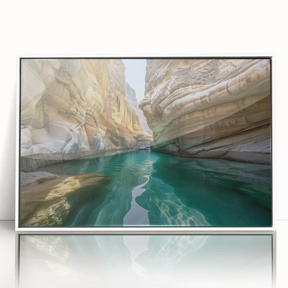 Acrylic print of a Middle Eastern landscape in muted earth tones, framed in white, suitable for modern art wall decor.