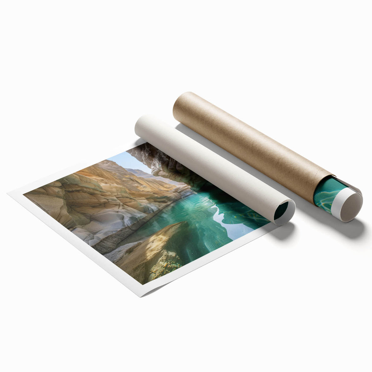 Extra large rolled print featuring a Middle-Eastern scenery with floral elements in muted earth tones.