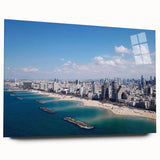 Large abstract wall art of Tel Aviv skyline in muted gray and blue tones on acrylic glass.