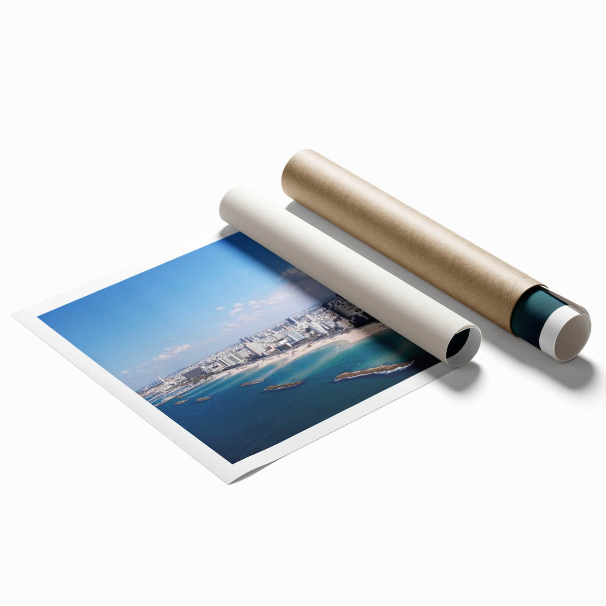 Extra large rolled print of Tel Aviv scenery with floral art elements in soft pastel shades.
