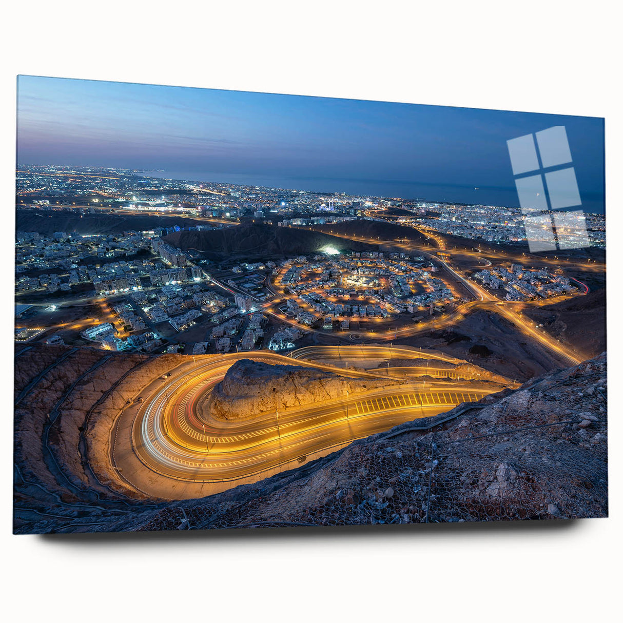 Large abstract wall art featuring a Middle Eastern Oman scenery in muted earth tones on acrylic glass.