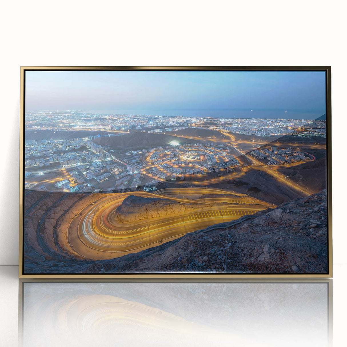 Acrylic print of Omani scenery with gold tones in a mid-century modernist style, suited for modern art wall decor.