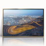 Acrylic print of Omani scenery with gold tones in a mid-century modernist style, suited for modern art wall decor.