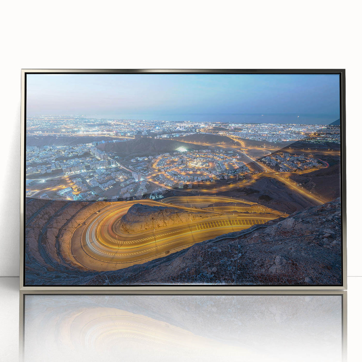 Mid-century modernist art depicting a serene Oman landscape in muted earth tones on a framed acrylic print.