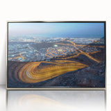 Mid-century modernist art depicting a serene Oman landscape in muted earth tones on a framed acrylic print.
