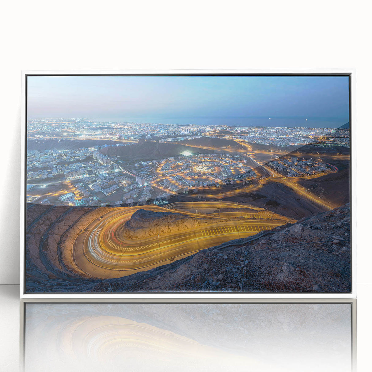 Acrylic print of a Middle Eastern landscape in muted earth tones, framed in white, suitable for modern art wall decor.