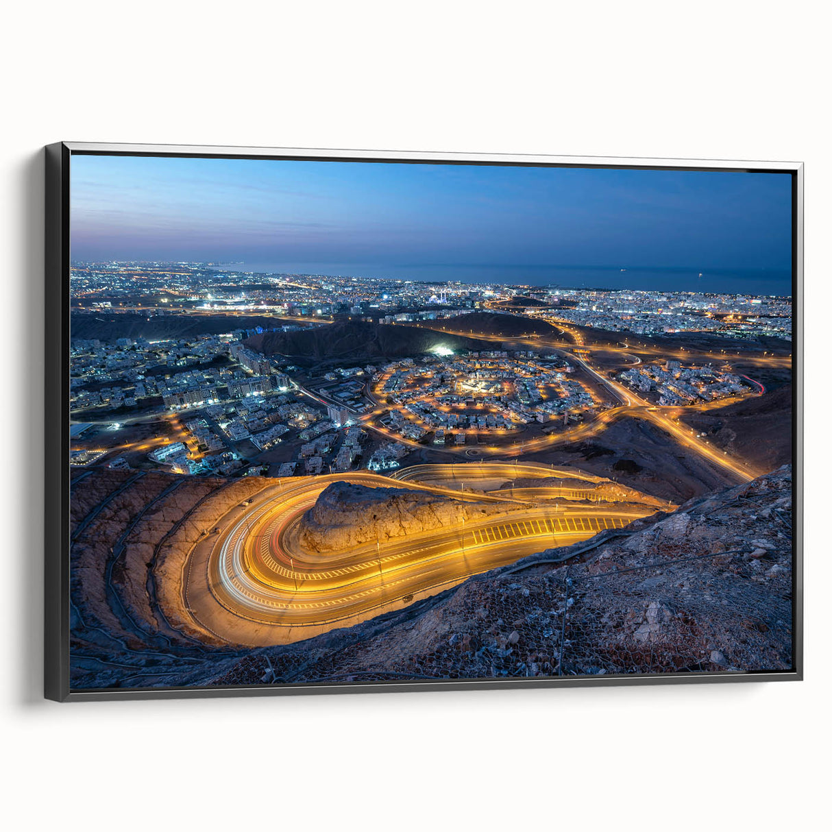 Black and white framed canvas of an Omani landscape, ideal for bedroom wall decor, featuring vintage poster art style.
