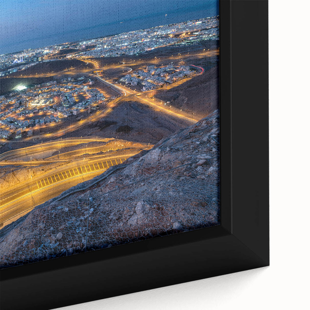 Extra large framed canvas featuring a textured, colorful Middle Eastern scenery in black, ideal for living room decor.