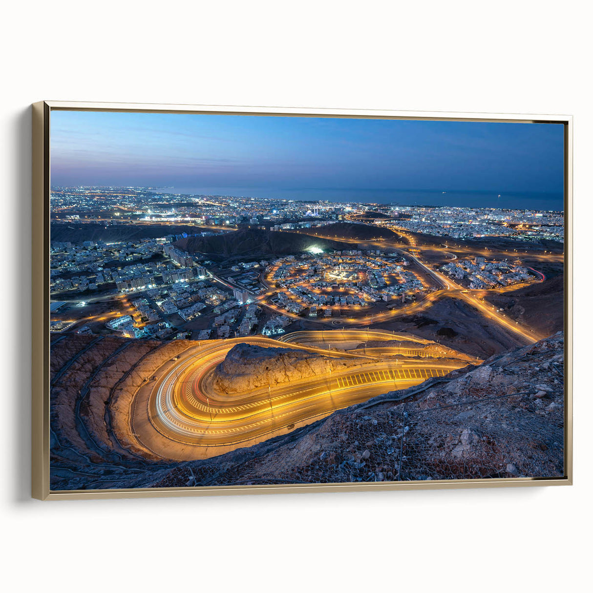 Vintage poster art of a Middle Eastern landscape in muted gold on framed canvas, ideal for bedroom wall decor.