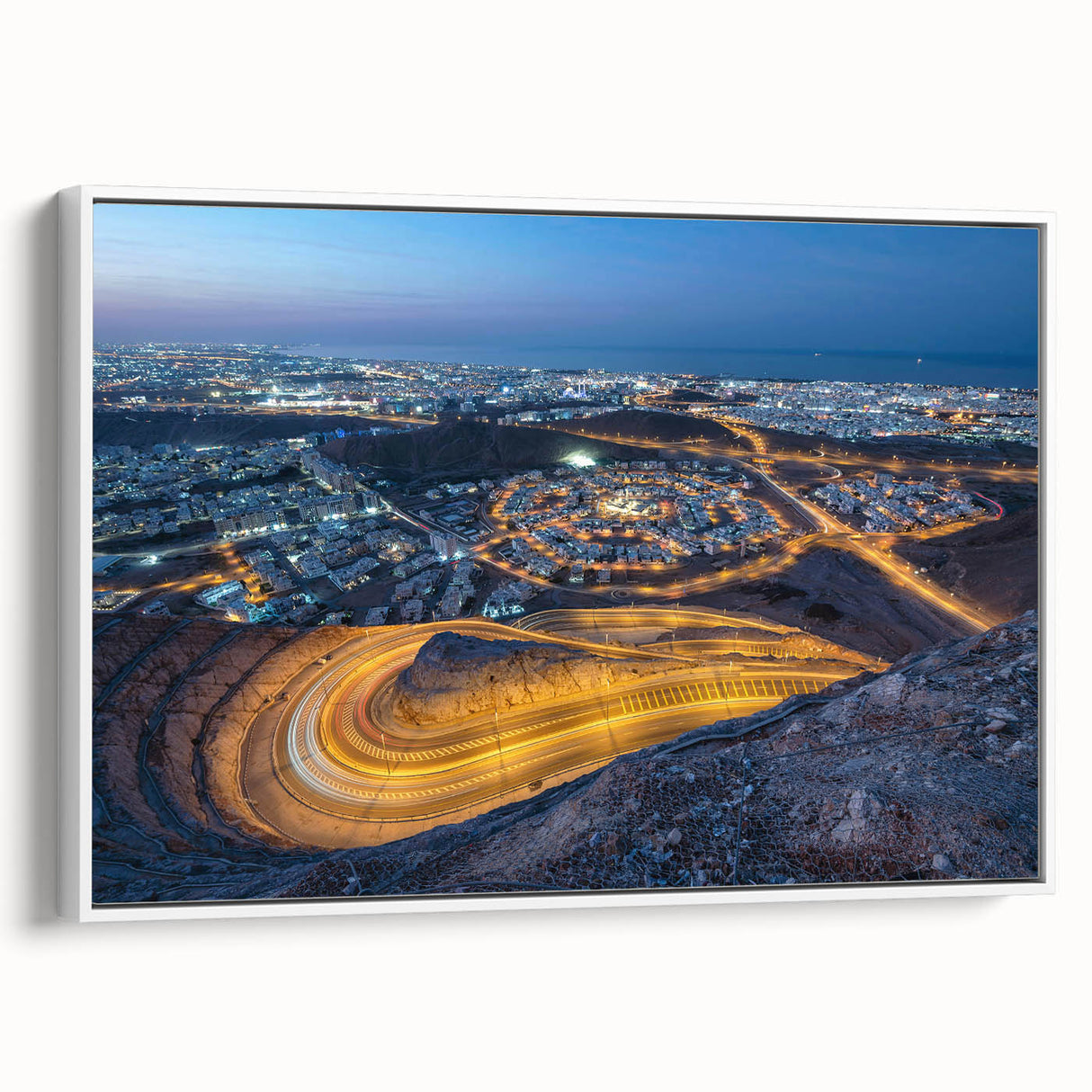 Vintage poster art depicting a Middle Eastern Oman scenery in colorful tones on a framed canvas, ideal for living room decor.
