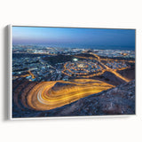 Vintage poster art depicting a Middle Eastern Oman scenery in colorful tones on a framed canvas, ideal for living room decor.