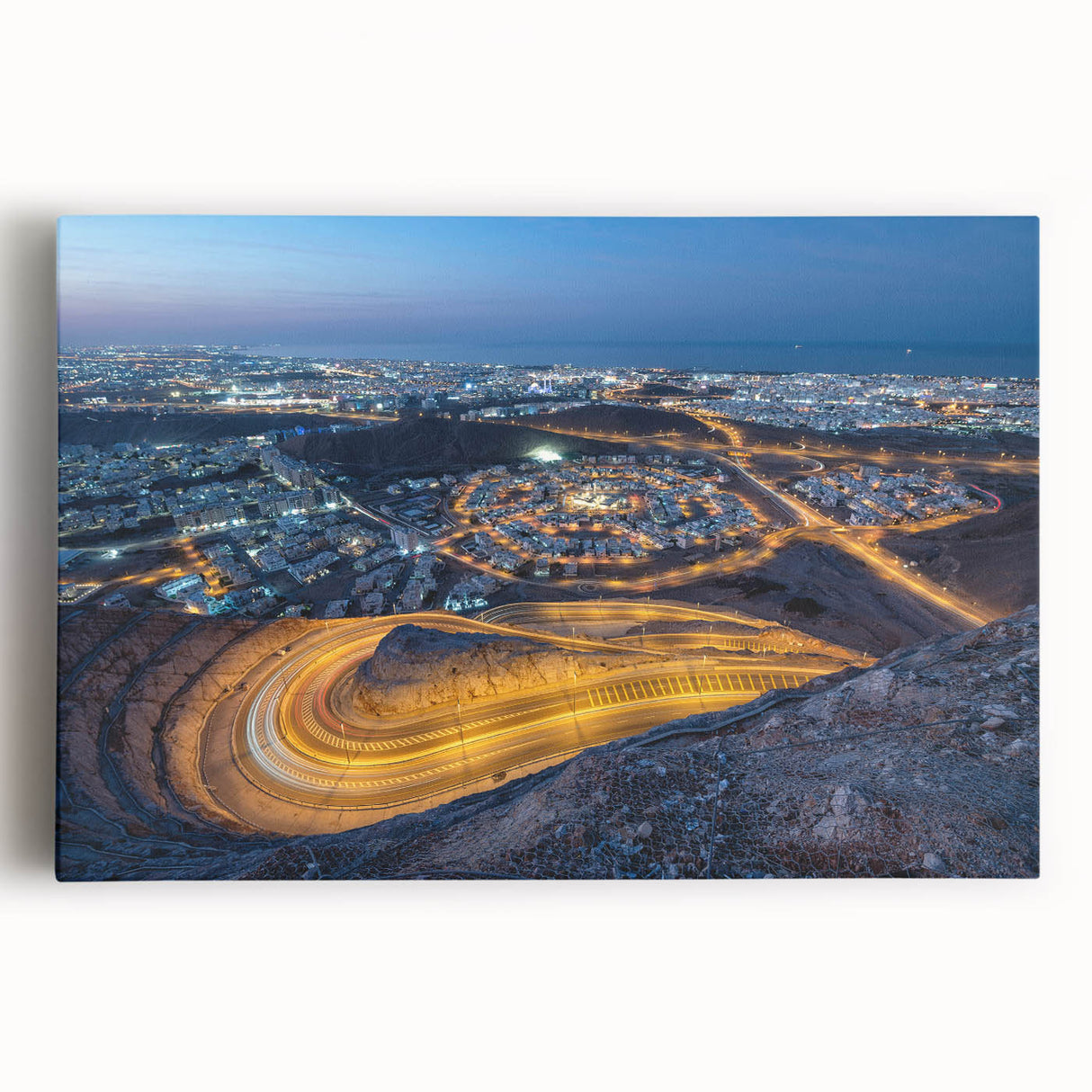 Black and white photo of Oman landscape on large stretched canvas, suitable for kitchen wall art.