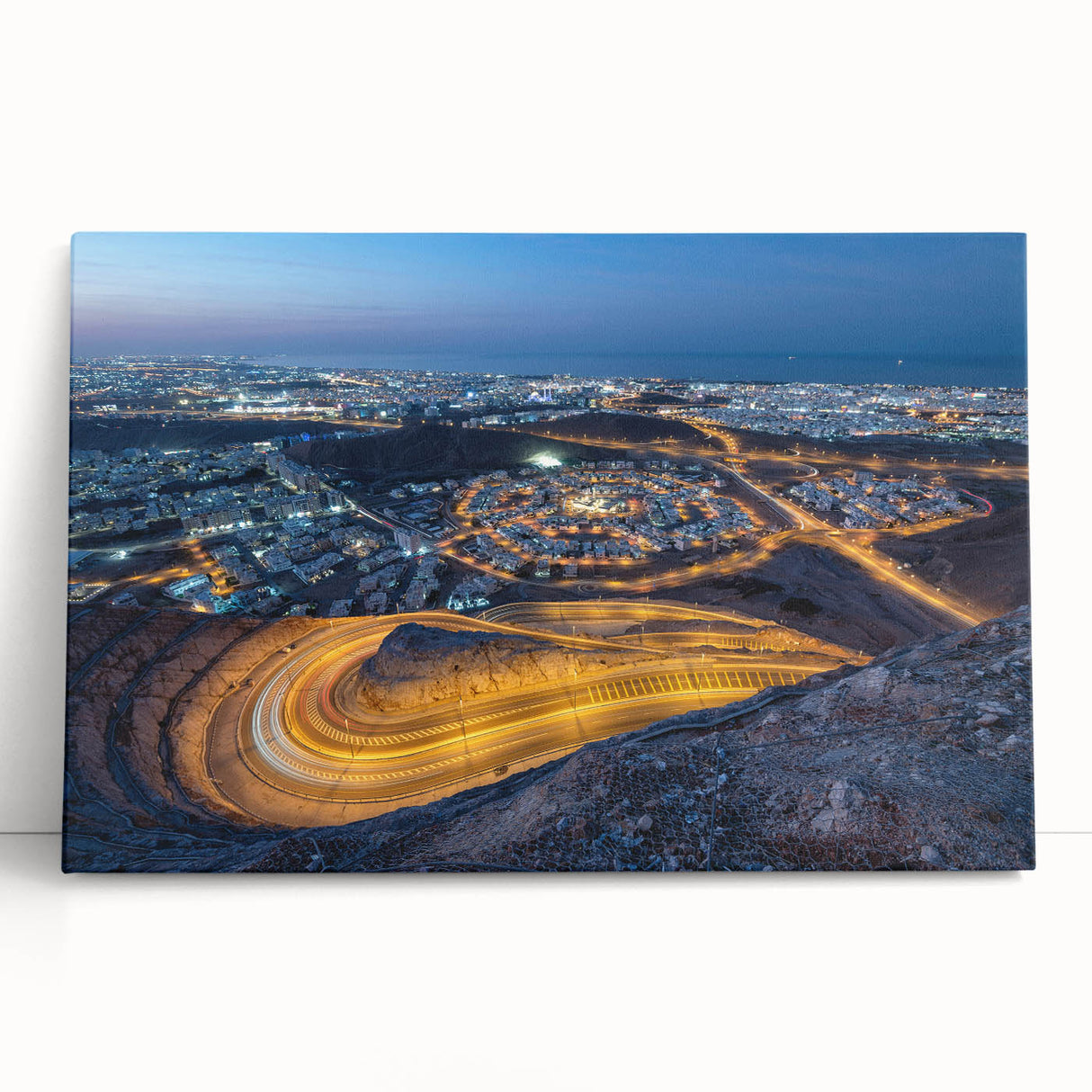 Black and white photograph of a Middle Eastern landscape on stretched canvas, ideal for kitchen wall art or bedroom decor.