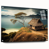 Large abstract wall art of Oceania's Fiji scenery on acrylic glass, with muted oceanic and sky blue tones.
