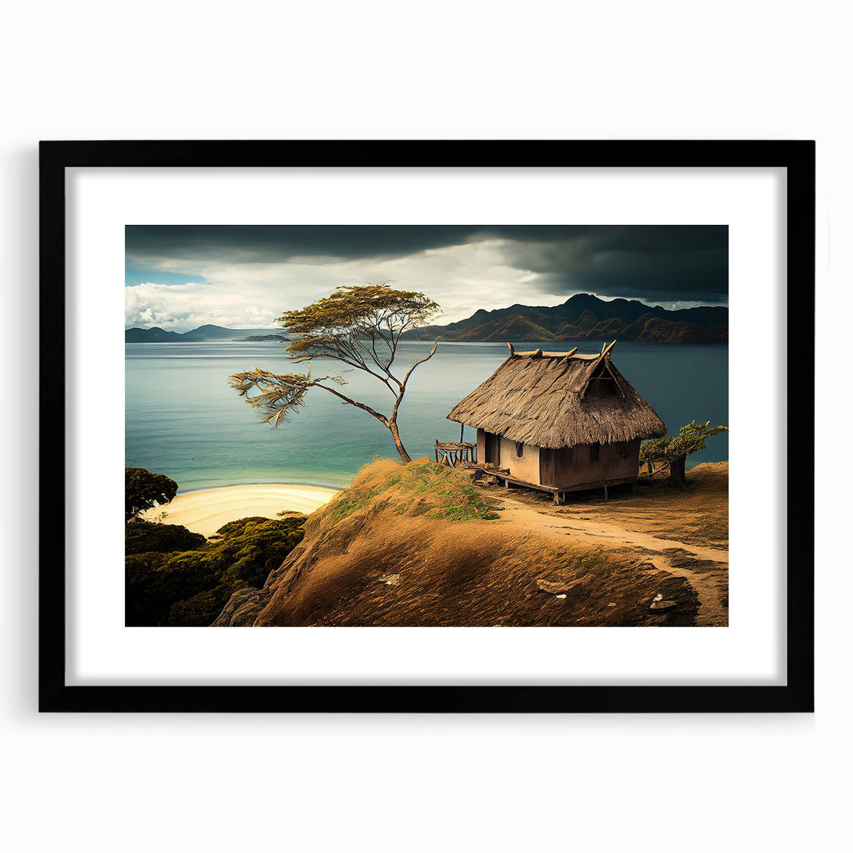 Extra large abstract art print of Oceania scenery in colorful, textured style on a black framed canvas.