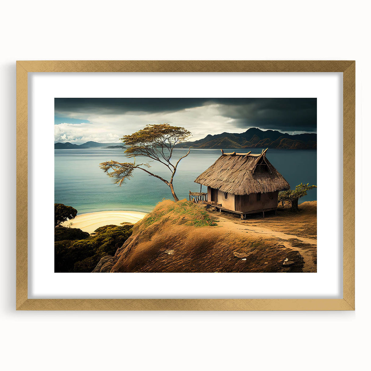 Extra large abstract art print with textured strokes in blue and gold, framed in gold, ideal for living room decor.