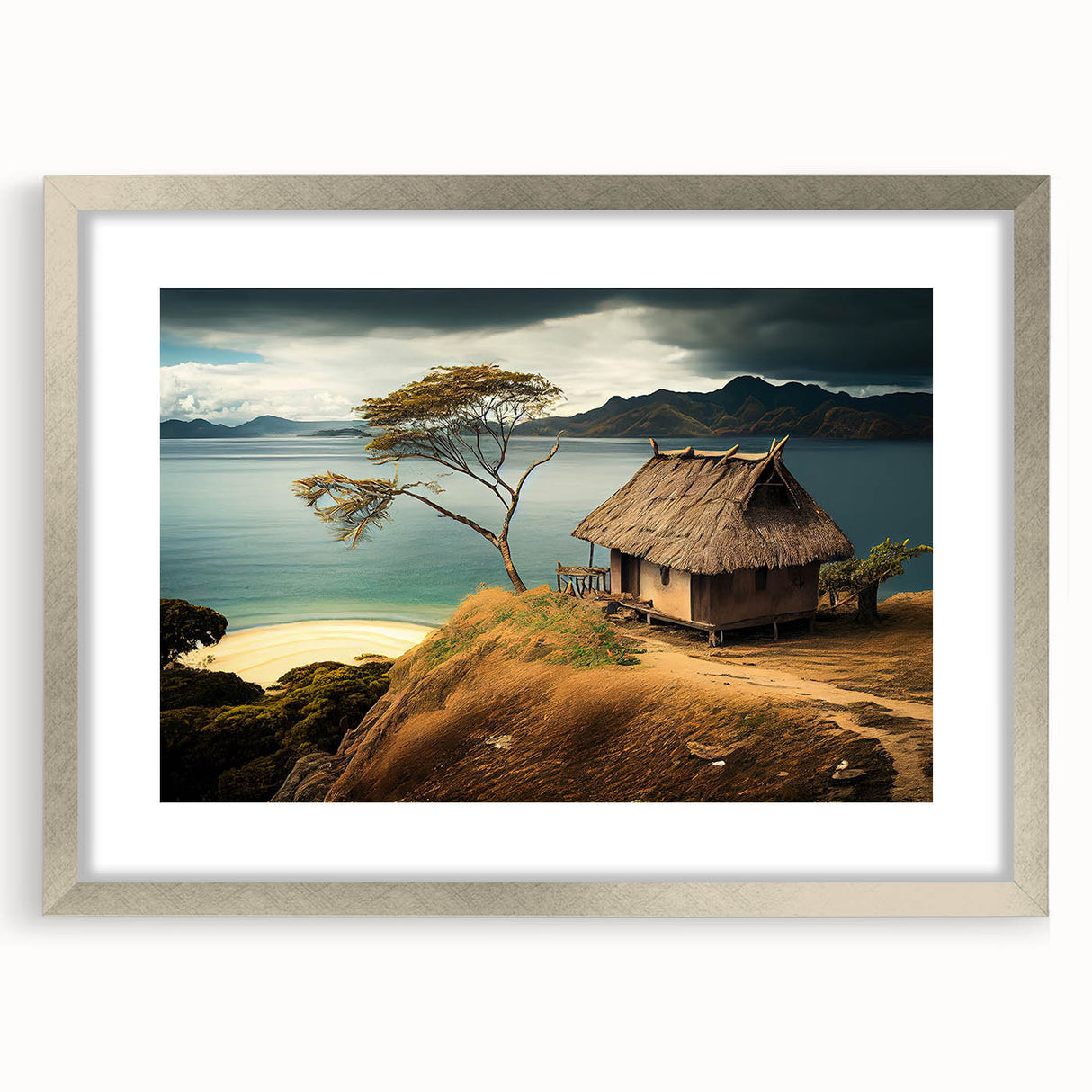 Textured abstract art print depicting a serene Fiji oceanscape in muted blue and green tones, framed in silver.