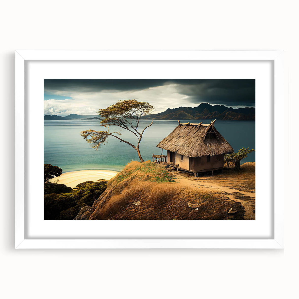 Abstract art print of a serene oceanic scene in cool blue and green tones on a white-framed canvas.