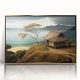 Framed acrylic print of a serene Fiji landscape in soft blue and green tones, ideal for modern art wall decor.
