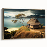 Framed canvas of a vintage-style Fiji landscape in muted gold and black tones, ideal for bedroom wall art.