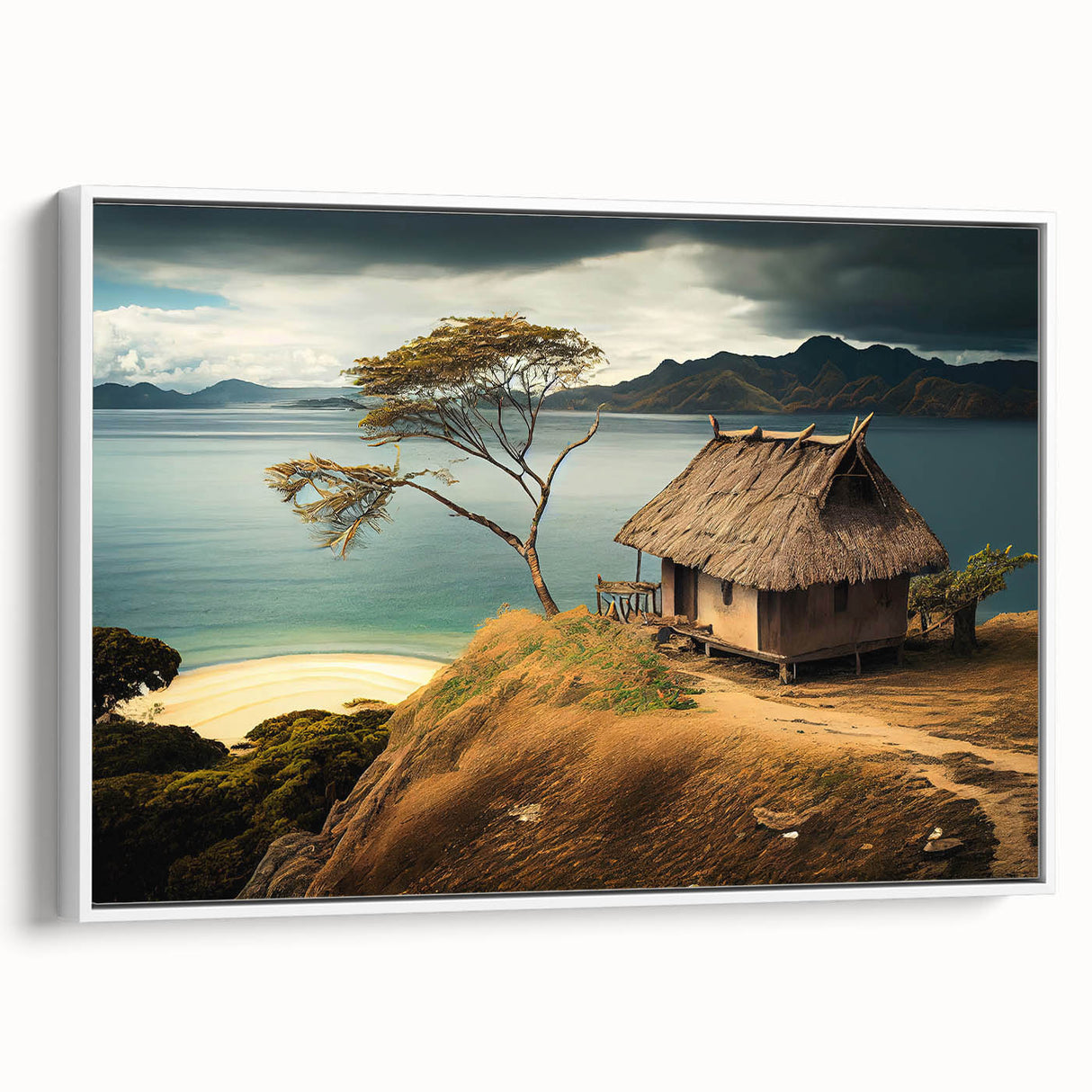 Vintage poster art of a scenic Fiji coastline on framed canvas, featuring vibrant blues and greens.