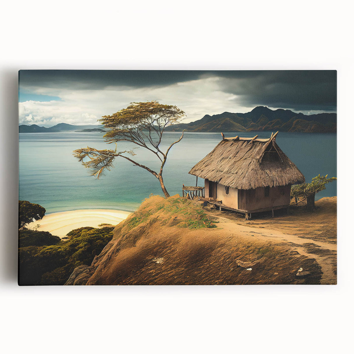 Black and white panoramic photo of a serene Oceania Fiji landscape on stretched canvas, suitable for kitchen art.