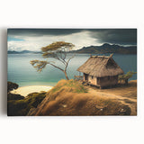 Black and white panoramic photo of a serene Oceania Fiji landscape on stretched canvas, suitable for kitchen art.