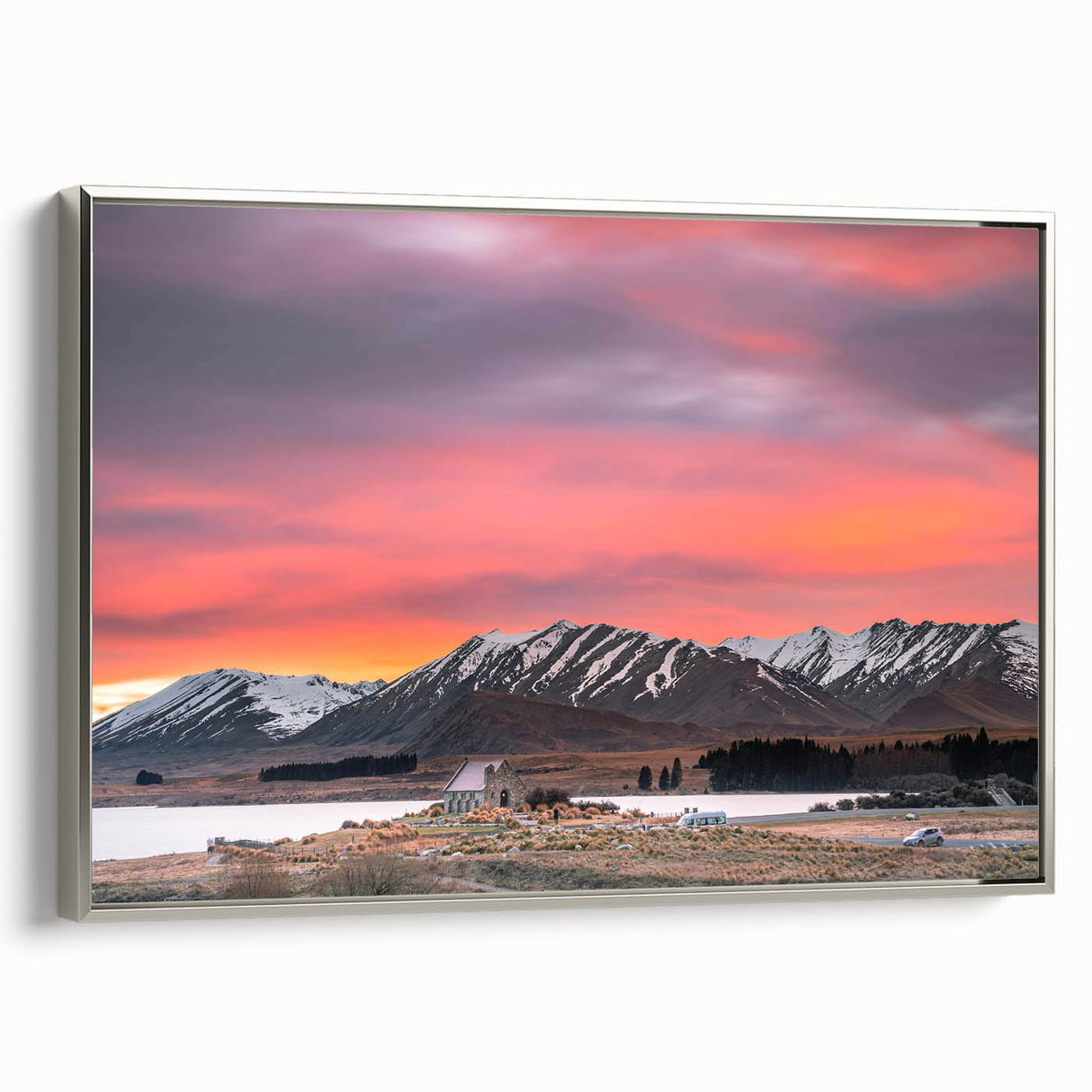 Framed canvas depicting a colorful Canterbury, New Zealand landscape, ideal for enhancing a living room or office.